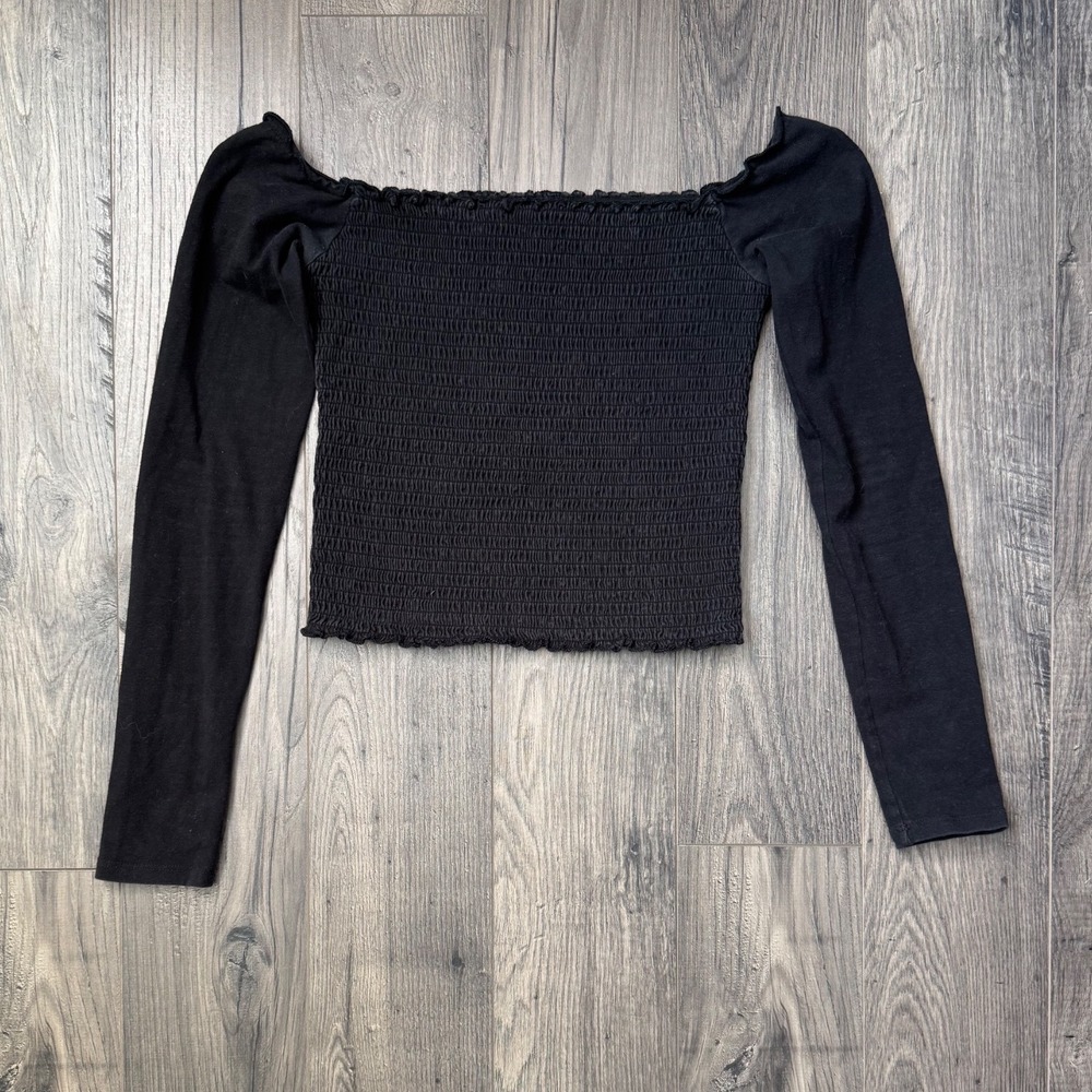 Hollister Smocked Off Shoulder Long Sleeve‎ Crop Top Black Womens Size Medium